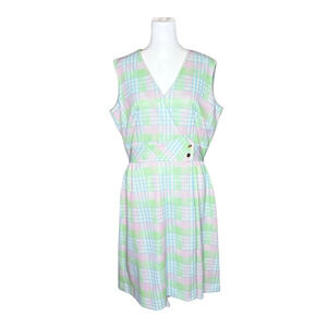 Vtg 70s Kay Windsor Dress Pastel Plaid Faux Wrap Mod Preppy Whimsical Candycore